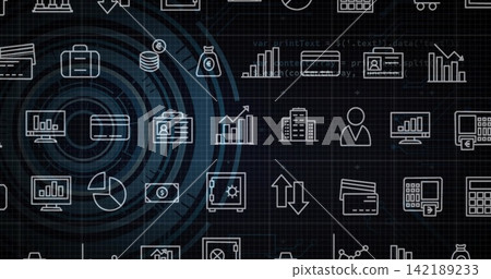 Displaying teal concentric rings combining with white finance icons on dark grid UI, code overlay Displaying teal concentric rings combining with white finance icons on dark grid UI, code overlay 142189233