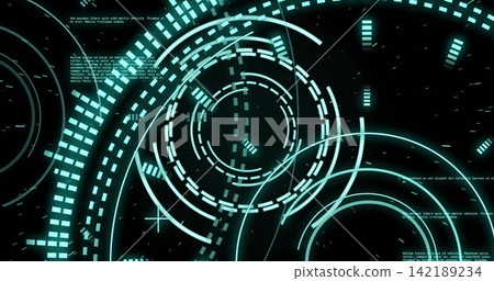 Rotating central HUD cluster showing concentric rings, dashed segments and tick marks on black void Rotating central HUD cluster showing concentric rings, dashed segments and tick marks on black void 142189234