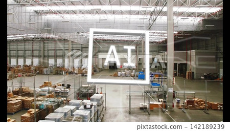 Displaying large warehouse storing pallets, boxes, pallet racks, rolling carts, illuminated AI sign Displaying large warehouse storing pallets, boxes, pallet racks, rolling carts, illuminated AI sign 142189239