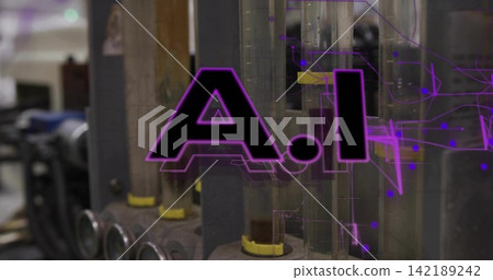 Highlighting vertical glass tubes with yellow seals in manifold at lab bench, purple AI overlay Highlighting vertical glass tubes with yellow seals in manifold at lab bench, purple AI overlay 142189242