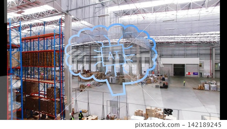 Overlaying blue AI brain graphic hovering above depot floor, showing racks, workers in safety gear 142189245