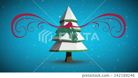 Showing tiered white tree with green trim brown trunk centered on teal-blue, holly ribbon, snow Showing tiered white tree with green trim brown trunk centered on teal-blue, holly ribbon, snow 142189246