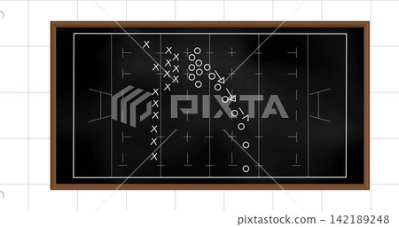 Blackboard occupying center, showing sports play, chalk Xs and Os initiating arrows aiding coaching Blackboard occupying center, showing sports play, chalk Xs and Os initiating arrows aiding coaching 142189248