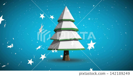 Showing layered white tree with green-trim brown-trunk on teal backdrop, with stars and snow dots Showing layered white tree with green-trim brown-trunk on teal backdrop, with stars and snow dots 142189249