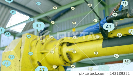 Yellow arm reading AI overlay pivoting joint and tagging bolts and blue hose for factory inspection Yellow arm reading AI overlay pivoting joint and tagging bolts and blue hose for factory inspection 142189251