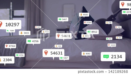 Showing AR notifications hovering over bed with duvet or pillows in bedroom, with lamp blinds ID tag Showing AR notifications hovering over bed with duvet or pillows in bedroom, with lamp blinds ID tag 142189268