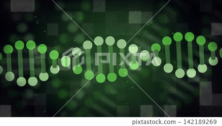 Glowing double-helix moving across dark green gradient, showing green nodes, vertical bars, tiles 142189269
