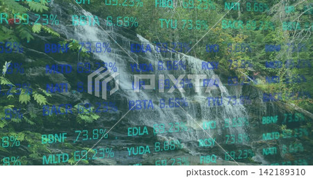 Cascading multi-tiered waterfall flowing over dark rock in woodland stream, with cyan teal overlays Cascading multi-tiered waterfall flowing over dark rock in woodland stream, with cyan teal overlays 142189310