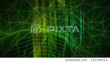 Glowing polygon mesh forming triangular peaks and valleys in 3D map, with light bands Glowing polygon mesh forming triangular peaks and valleys in 3D map, with light bands 142189314