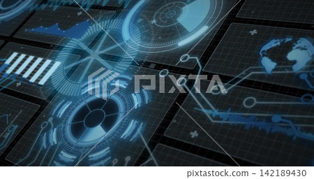 Displaying central radial HUD glowing on dark grid plane, linking tiled panels gauges globe charts Displaying central radial HUD glowing on dark grid plane, linking tiled panels gauges globe charts 142189430