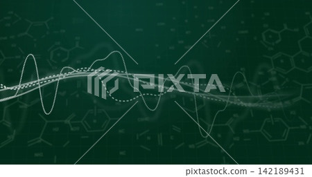 Displaying white and light-gray waveform ribbons flowing across dark green grid, with molecules Displaying white and light-gray waveform ribbons flowing across dark green grid, with molecules 142189431