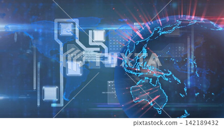Displaying 3D globe glowing right in digital dashboard with HUD panels, node blocks, data nodes Displaying 3D globe glowing right in digital dashboard with HUD panels, node blocks, data nodes 142189432