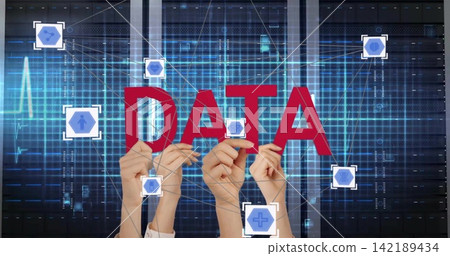 Holding up bold red DATA letters, hands in suits supporting data center, grid nodes, racks, EKG Holding up bold red DATA letters, hands in suits supporting data center, grid nodes, racks, EKG 142189434