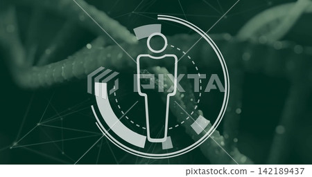 Displaying white human silhouette floating within concentric HUD rings in studio, with DNA helix Displaying white human silhouette floating within concentric HUD rings in studio, with DNA helix 142189437