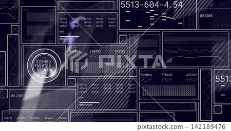 Displaying rectangular panels and circular gauge on digital dashboard, showing charts and matrices Displaying rectangular panels and circular gauge on digital dashboard, showing charts and matrices 142189476