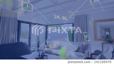 Featuring light sofa with cushions occupying center in living room, showing AR UI overlays Featuring light sofa with cushions occupying center in living room, showing AR UI overlays 142189479