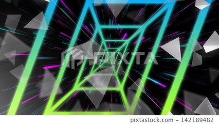 Receding neon frames forming tunnel in dark void, with triangular shards, magenta cyan streaks 142189482