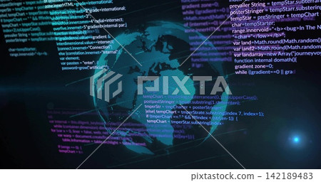 Rotating holographic dotted globe showing scrolling code and grid lines in virtual dashboard Rotating holographic dotted globe showing scrolling code and grid lines in virtual dashboard 142189483