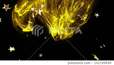 Glowing golden dust plume flowing across deep black field, with smaller plume and metallic stars Glowing golden dust plume flowing across deep black field, with smaller plume and metallic stars 142189484