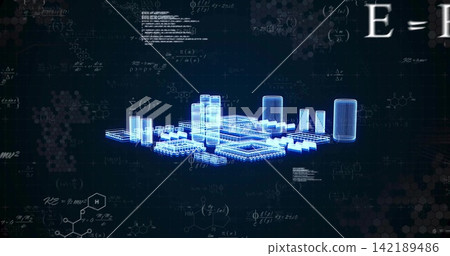 Projecting blue 3D microchip-city hologram with towers in virtual lab, showing equations, code Projecting blue 3D microchip-city hologram with towers in virtual lab, showing equations, code 142189486