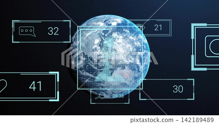 Displaying rendered Earth orbiting deep space, showing grid, triangular marker, HUD panels 09:38 Displaying rendered Earth orbiting deep space, showing grid, triangular marker, HUD panels 09:38 142189489