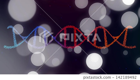 Glowing stylized DNA helix shifting across dark digital backdrop, with bokeh lights and particles Glowing stylized DNA helix shifting across dark digital backdrop, with bokeh lights and particles 142189492