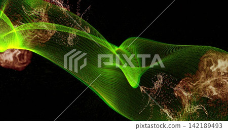 Flowing translucent green mesh undulating in black void, with gold-brown particle sparks Flowing translucent green mesh undulating in black void, with gold-brown particle sparks 142189493