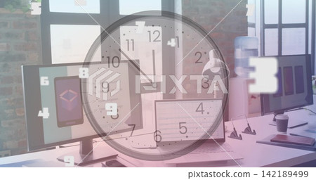 Displaying desk showing laptop spreadsheet, dual monitors with phone UI at office, clock overlay Displaying desk showing laptop spreadsheet, dual monitors with phone UI at office, clock overlay 142189499