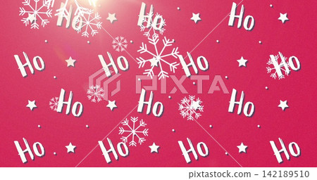 Displaying holiday motif on red gradient backdrop with white HO motifs snowflakes stars dots flare Displaying holiday motif on red gradient backdrop with white HO motifs snowflakes stars dots flare 142189510