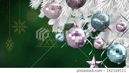 Featuring white branch with pastel metallic baubles against deep green backdrop with gold motifs 142189511