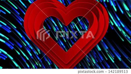 Dominating red layered 3D heart showing nested cutouts in abstract studio, with neon streaks Dominating red layered 3D heart showing nested cutouts in abstract studio, with neon streaks 142189513