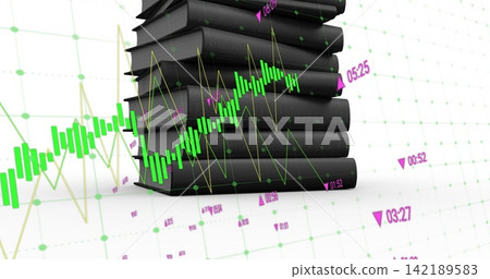 Displaying stack of black hardcover books on grid plane, showing translucent financial charts Displaying stack of black hardcover books on grid plane, showing translucent financial charts 142189583