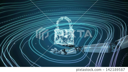Hovering holographic padlock glowing above robotic hand in virtual cyber space, with neon ripples 142189587