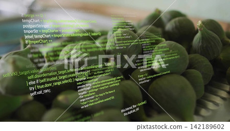 Displaying cluster of green figs resting on ceramic plate on countertop, with code overlay Displaying cluster of green figs resting on ceramic plate on countertop, with code overlay 142189602