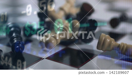 Displaying centered fallen chess pieces with toppled light king on tabletop, green dollar overlays Displaying centered fallen chess pieces with toppled light king on tabletop, green dollar overlays 142189607