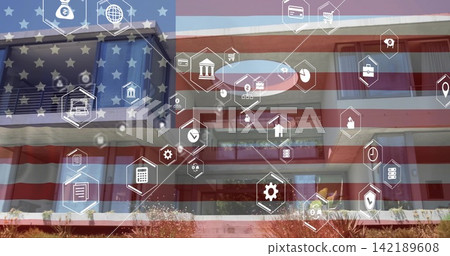 Showing apartment on street with balconies, glass rails, sliding doors, US flag overlay, hex icons Showing apartment on street with balconies, glass rails, sliding doors, US flag overlay, hex icons 142189608