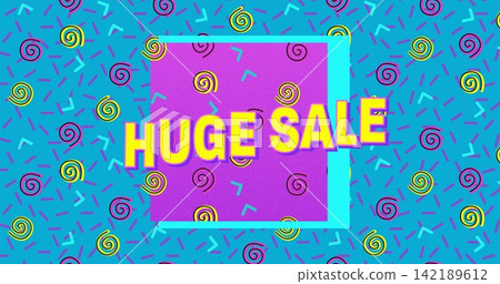 Showing central purple square and bold 'HUGE SALE' text on turquoise background, with spiral motifs 142189612