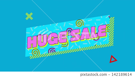 Displaying diagonal sale banner showing 'HUGE SALE' on teal backdrop with sprinkles, candy motifs Displaying diagonal sale banner showing 'HUGE SALE' on teal backdrop with sprinkles, candy motifs 142189614
