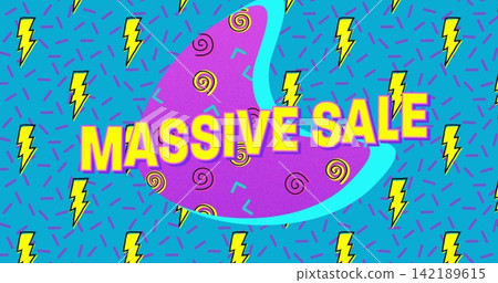 Showcasing neon MASSIVE SALE headline floating over purple crescent on teal patterned banner Showcasing neon MASSIVE SALE headline floating over purple crescent on teal patterned banner 142189615