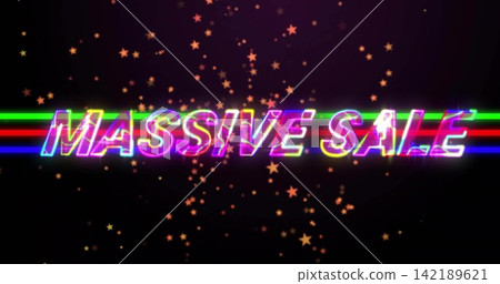 Glowing neon text MASSIVE SALE stretching across dark banner, showing RGB light bars and gold stars 142189621