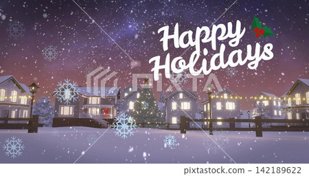 Showing two-story houses and lit Christmas tree glowing on suburban street, with string lights Showing two-story houses and lit Christmas tree glowing on suburban street, with string lights 142189622