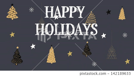 Displaying centered white HAPPY HOLIDAYS text on dark gray card, showing stylized trees, stars Displaying centered white HAPPY HOLIDAYS text on dark gray card, showing stylized trees, stars 142189633