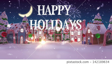 Glowing candy-cane village shimmering under crescent moon on snowy plain, with HAPPY HOLIDAYS text 142189634