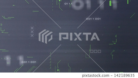Displaying HUD overlay on dark textured screen showing neon-green traces, binary numerals, nodes Displaying HUD overlay on dark textured screen showing neon-green traces, binary numerals, nodes 142189635