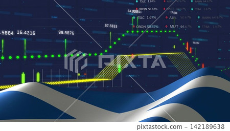 Displaying financial chart on navy dashboard, with candlesticks, dotted green line, ribbon Displaying financial chart on navy dashboard, with candlesticks, dotted green line, ribbon 142189638
