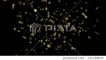Glowing golden bokeh cluster spreading depth in black field, with star confetti and spark streaks Glowing golden bokeh cluster spreading depth in black field, with star confetti and spark streaks 142189644