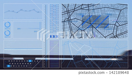 Displaying digital HUD showing map panels, telemetry, gauges and keyboard at vehicle viewpoint Displaying digital HUD showing map panels, telemetry, gauges and keyboard at vehicle viewpoint 142189648