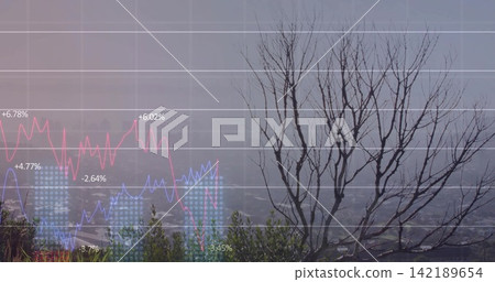 Standing leafless tree at right edge, merging with mist and translucent stock charts, copy space Standing leafless tree at right edge, merging with mist and translucent stock charts, copy space 142189654