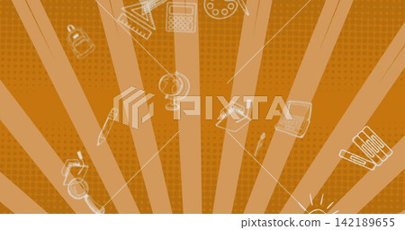 Showing sunburst poster background radiating from bottom, with white icons backpack, laptop, books Showing sunburst poster background radiating from bottom, with white icons backpack, laptop, books 142189655