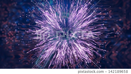 Pulsing center particle burst radiating filaments with lit nodes in circuit backdrop showing halo 142189658